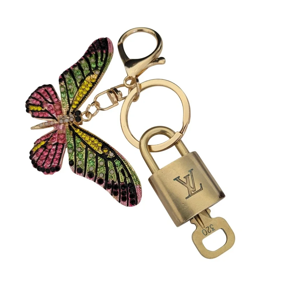 Louis Vuitton Brass Padlock Key Butterfly Bag Charm Keychain Gold Rhinestone 320